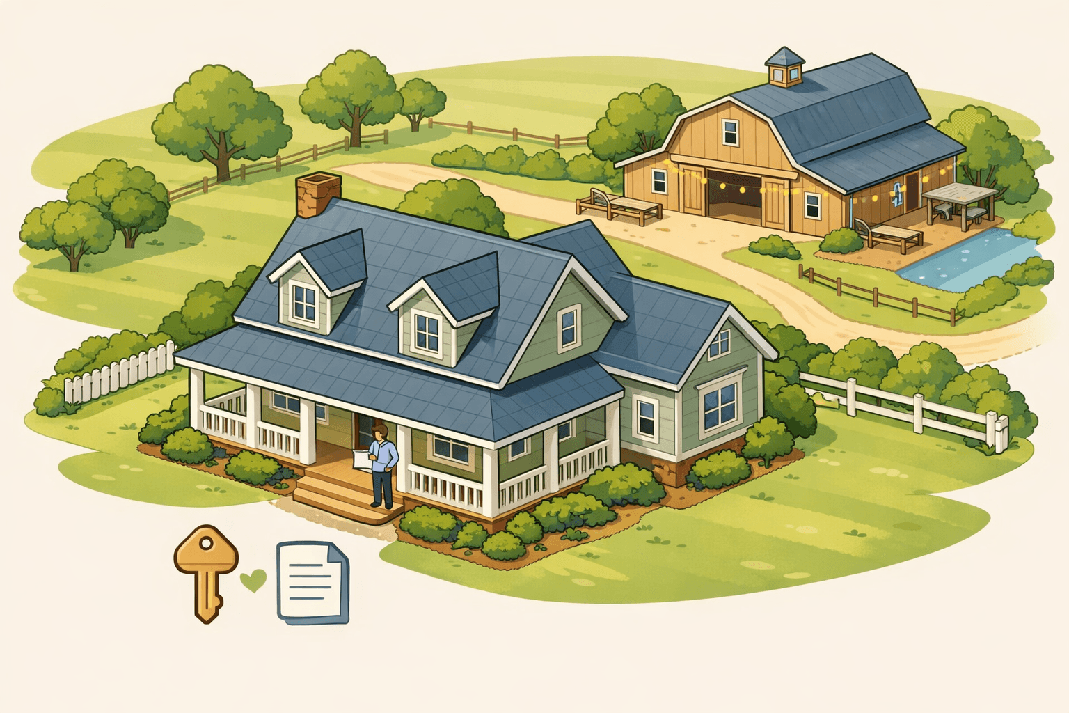 A rural property with a farmhouse and event barn set in open countryside, representing USDA loan eligibility for event venue properties.