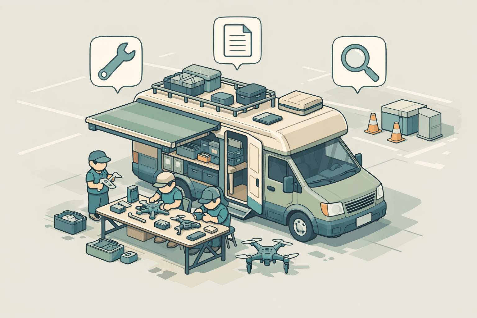 A mobile drone repair service van with technicians working on drone equipment at an outdoor workbench