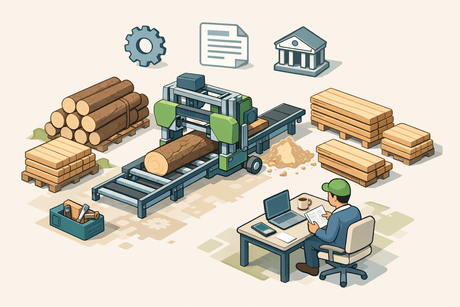 A portable sawmill in a small lumber yard with stacked timber and a business owner reviewing financing documents nearby.