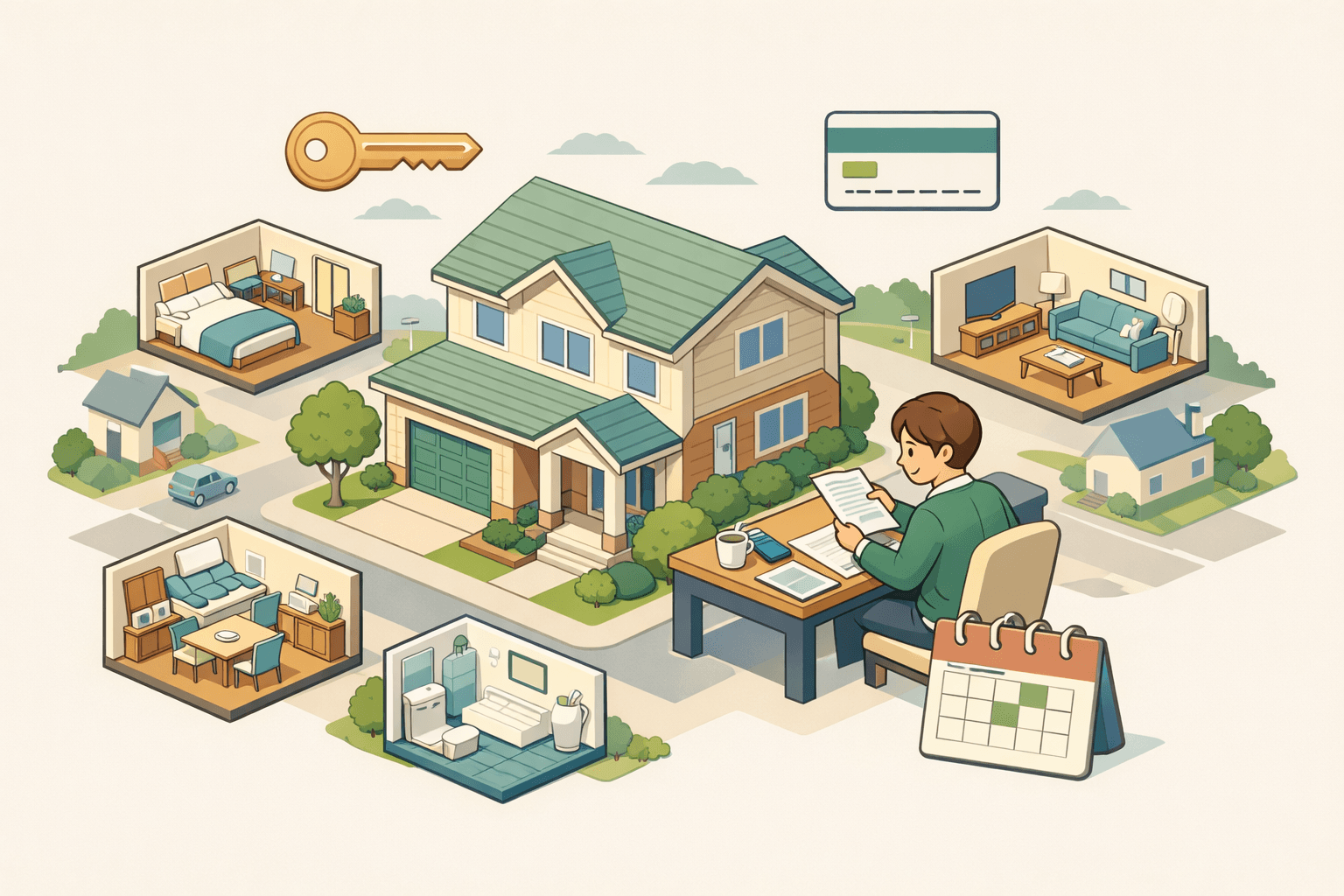 A homeowner reviewing HELOC documents beside their house with small rental units and a key icon nearby