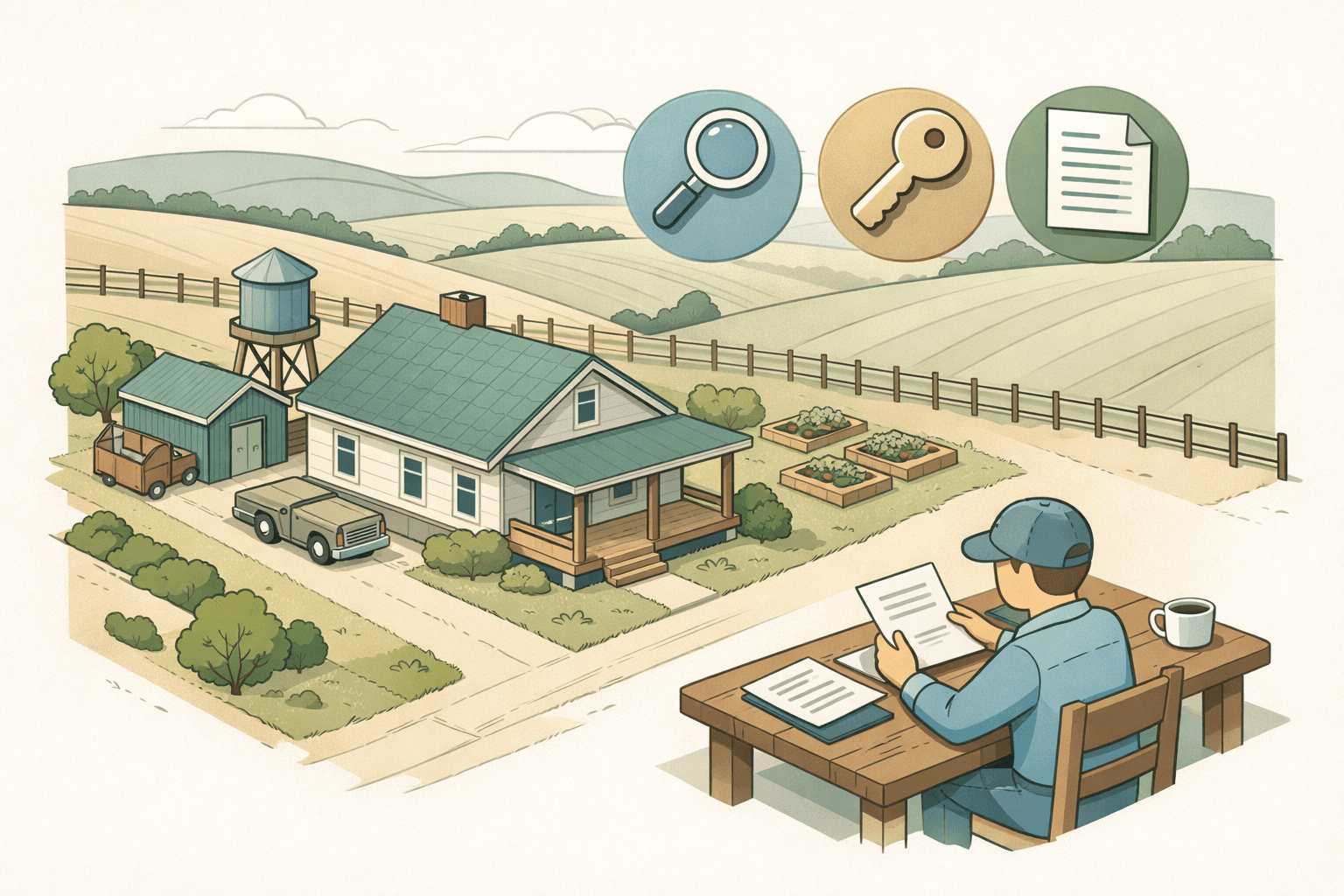 A rural fixer-upper home surrounded by open acreage with a small figure reviewing loan documents nearby