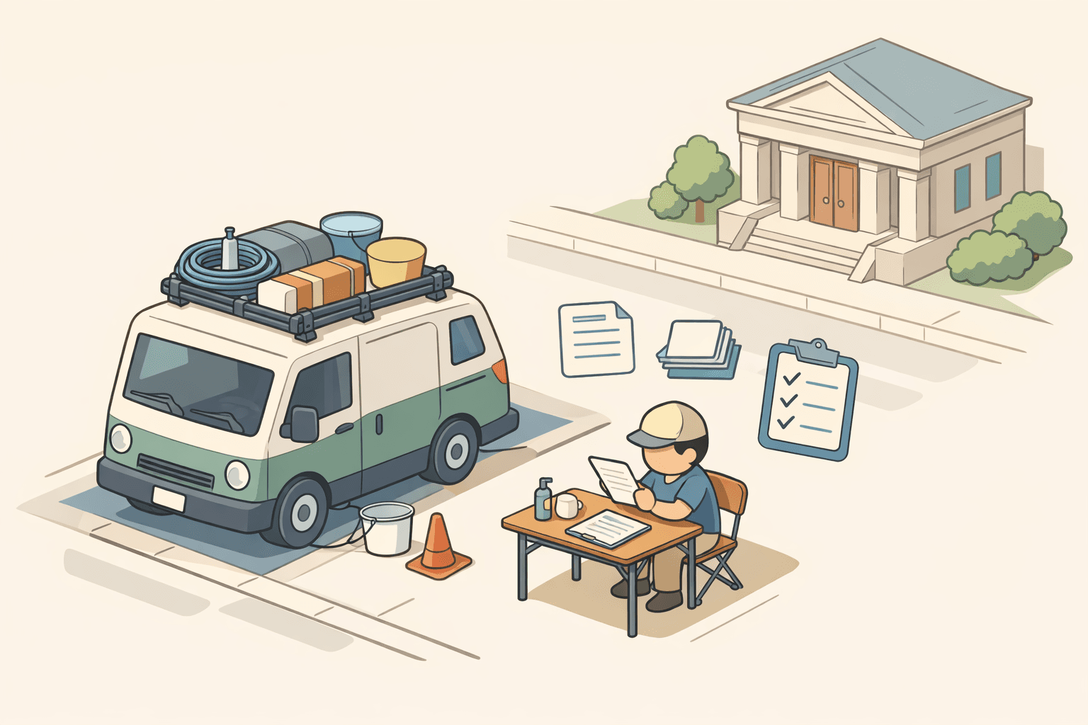 A mobile car wash van parked on a street with a small business owner reviewing loan documents at an outdoor desk.