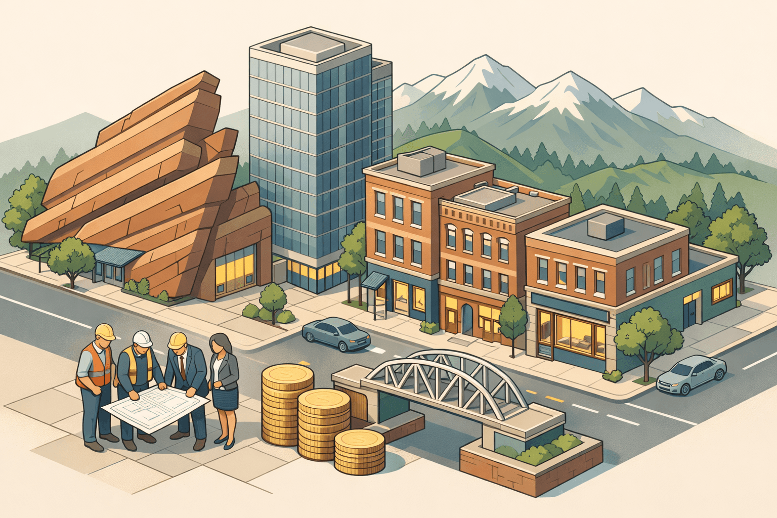 Isometric Denver cityscape with investment properties, a private lending office, tiny figures reviewing blueprints, and a small bridge connecting two buildings.