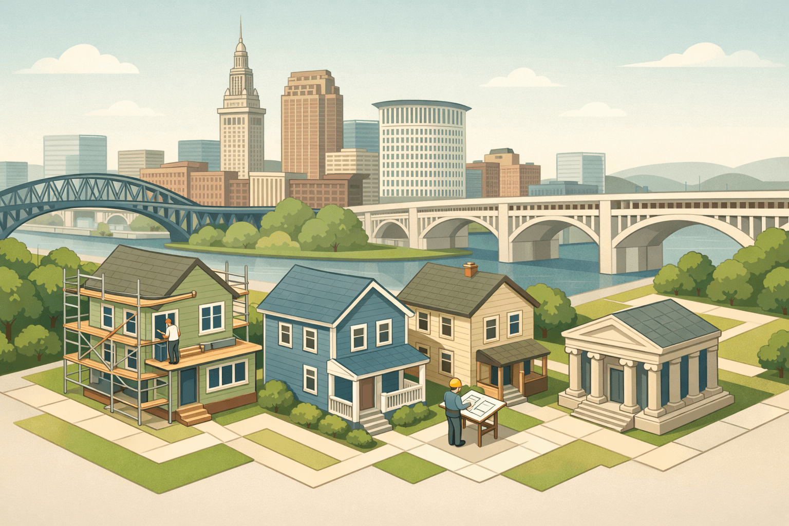 Isometric Cleveland skyline with residential homes being renovated and a small bank building connected by a path, representing renovation mortgage lending.