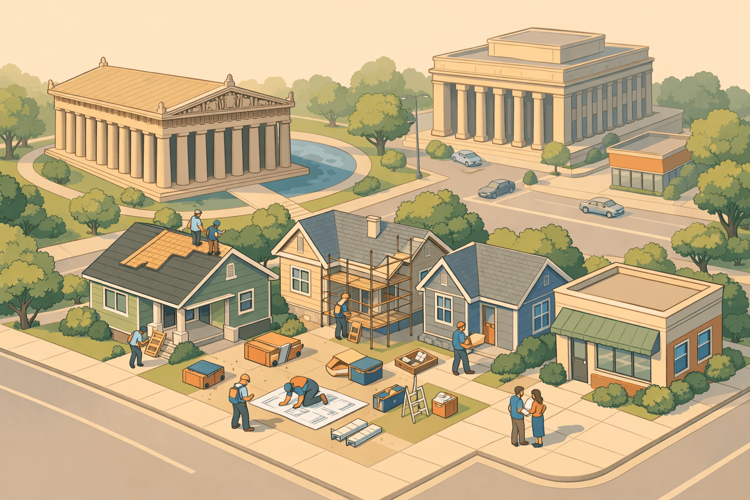 Isometric Nashville scene with older homes under renovation, tiny figures with blueprints, a mortgage office, and the Parthenon visible in the background.