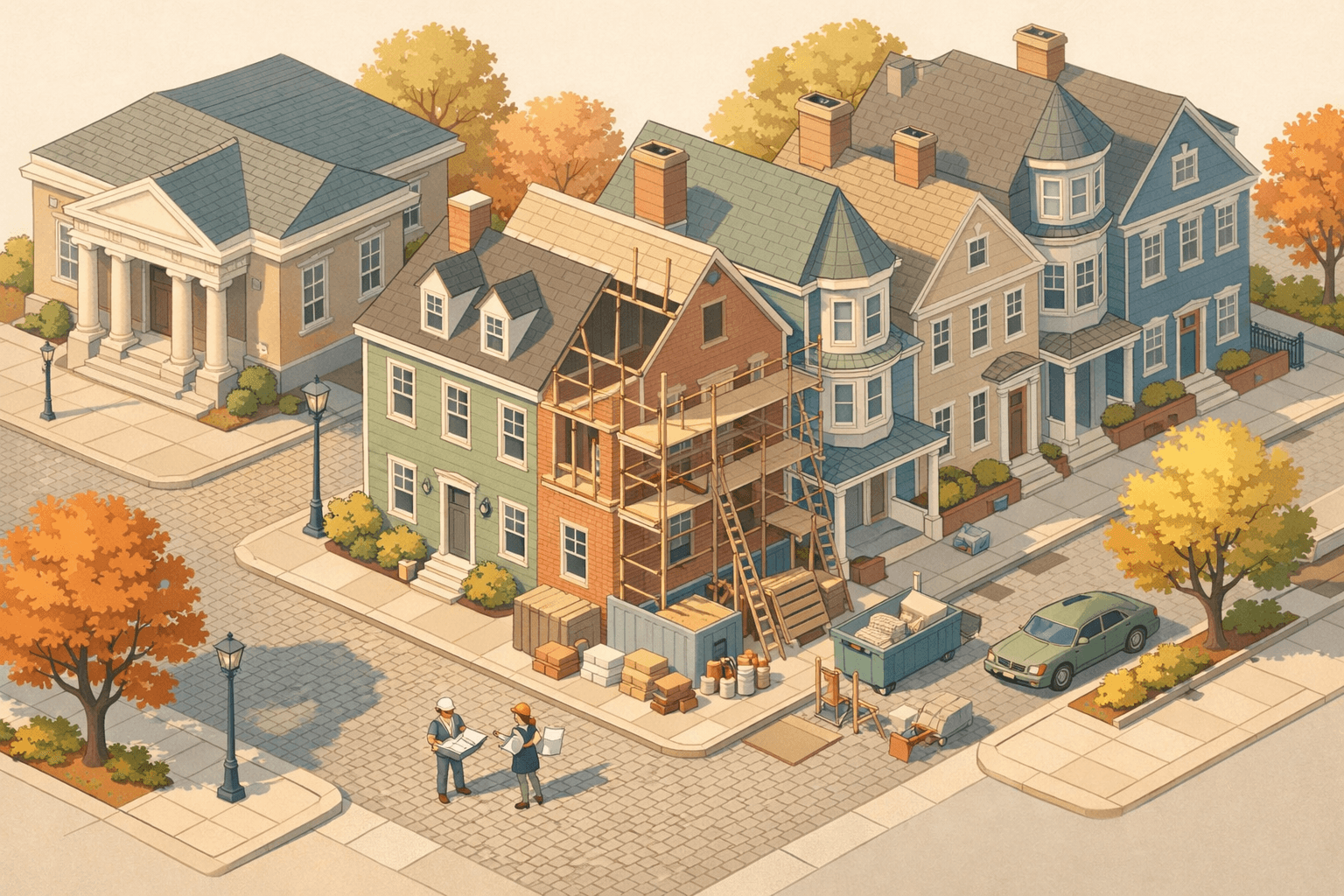 Isometric New England street with colonial homes, one under renovation with scaffolding, a corner bank building, and small figures carrying documents nearby.