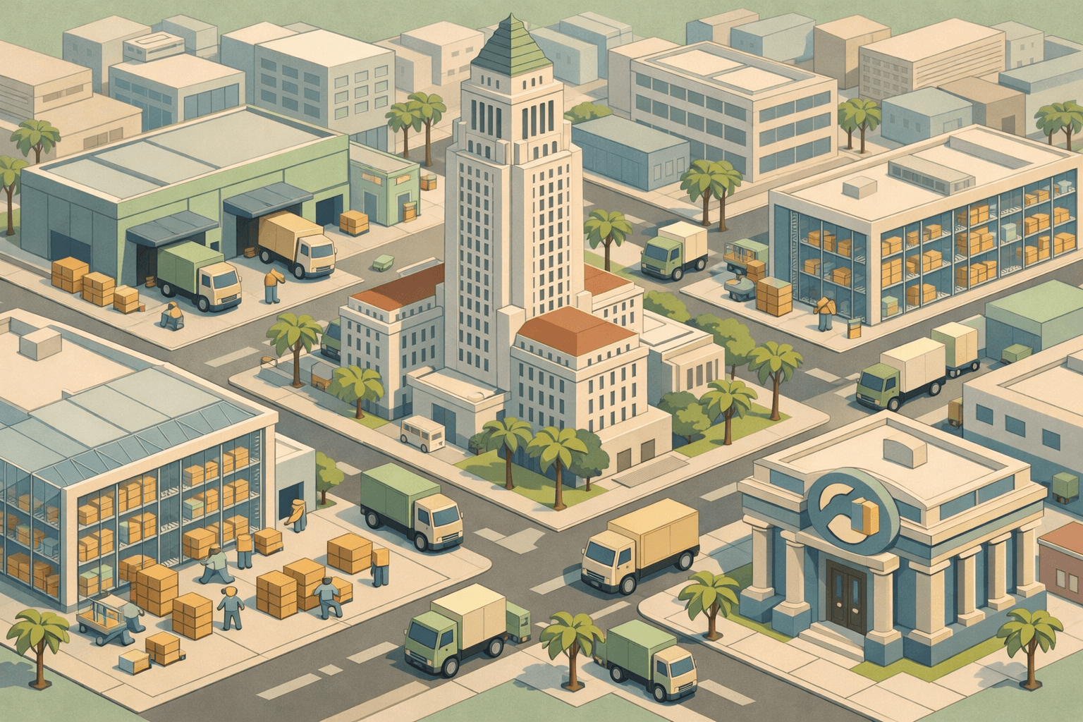 Isometric view of a Los Angeles commercial district with warehouses, delivery trucks, inventory crates, and a small bank building among palm-lined streets.