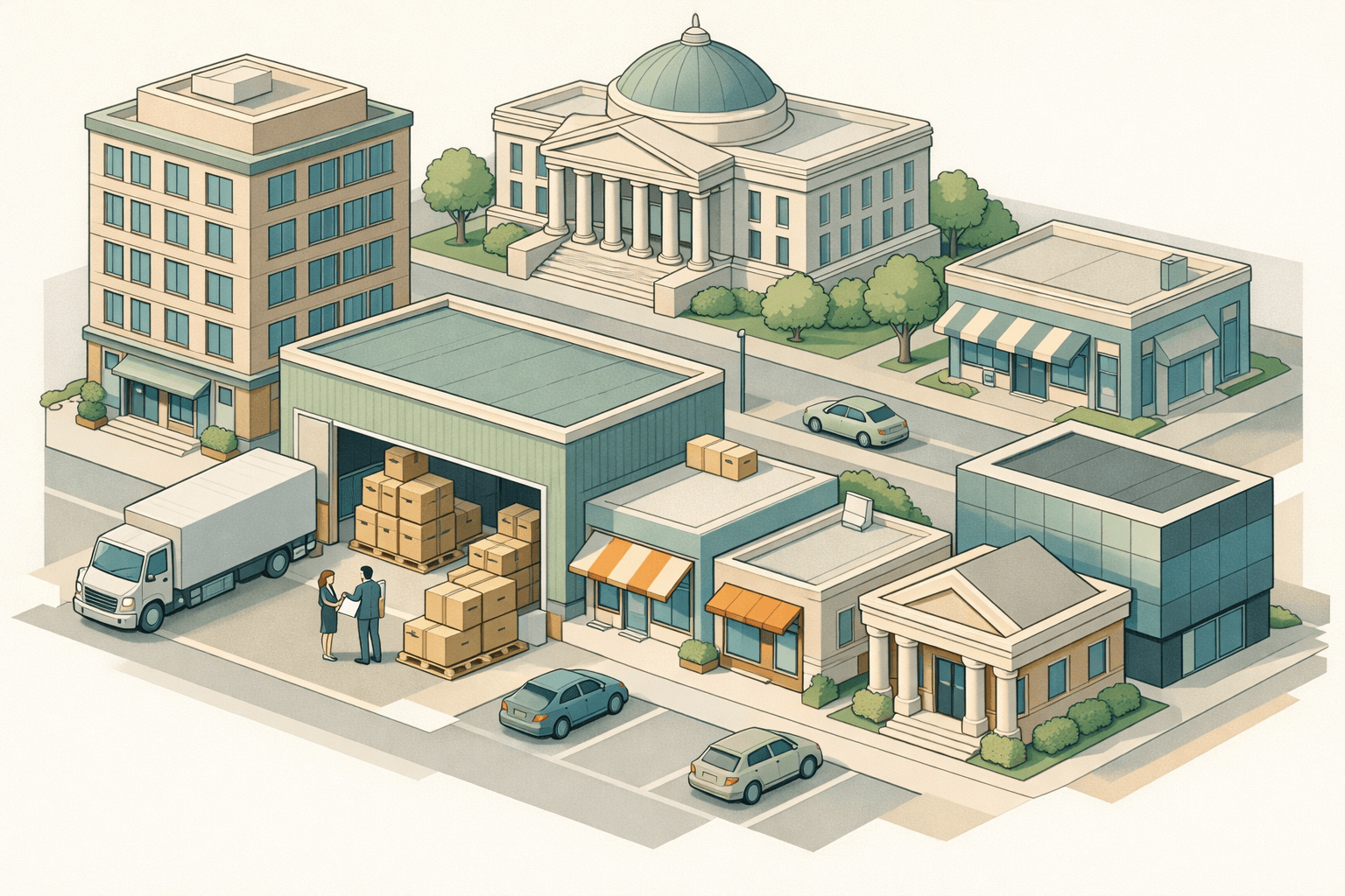 Isometric illustration of a New Jersey commercial district with a warehouse, storefront, office buildings, and small business figures managing inventory and documents.