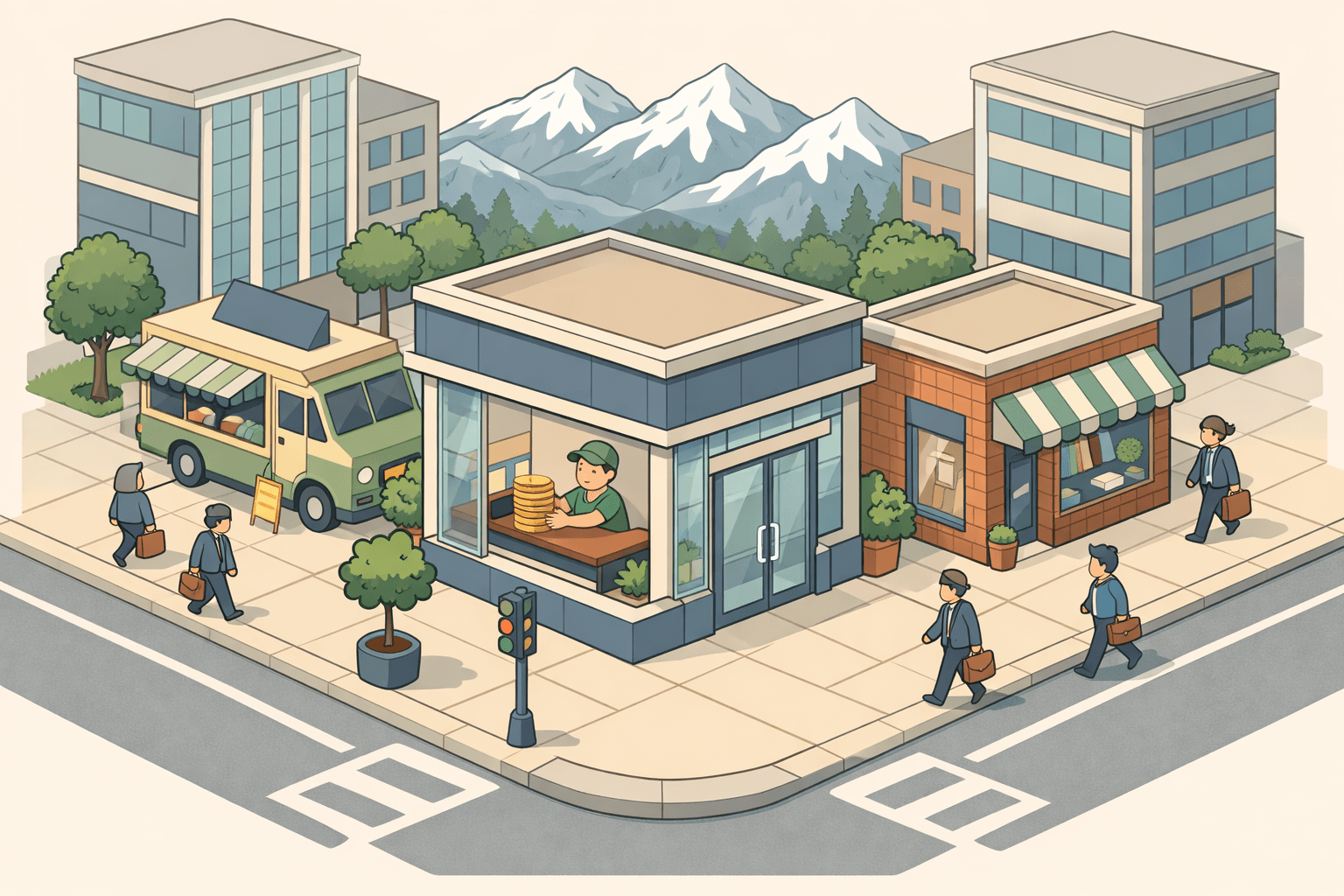 Isometric Colorado downtown street with small business storefronts, a corner bank office, mountain backdrop, and tiny merchant figures receiving working capital.