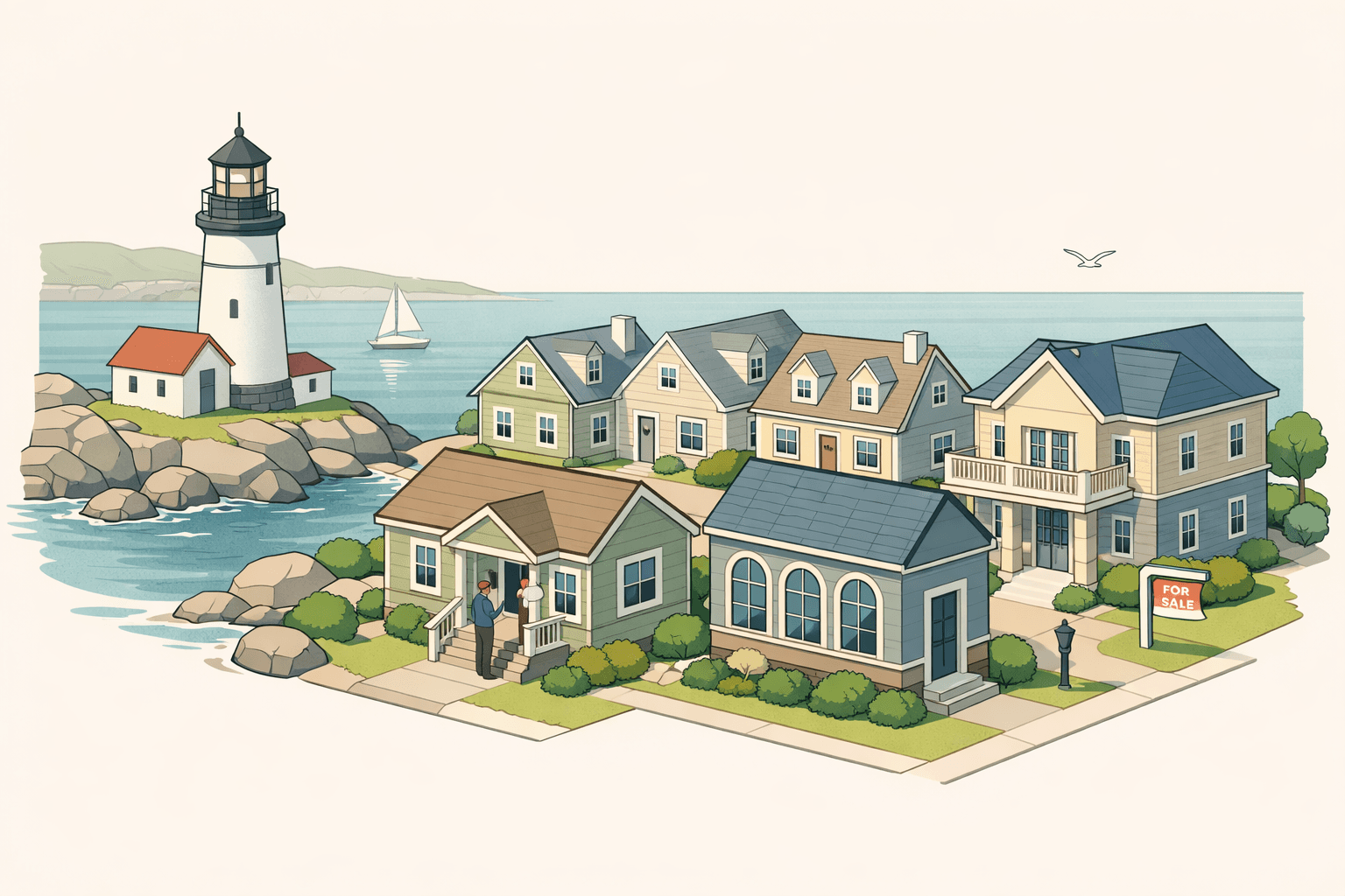 Isometric scene of a Maine coastal town with a lighthouse, residential homes, a mortgage office, and a bank building along a calm harbor.