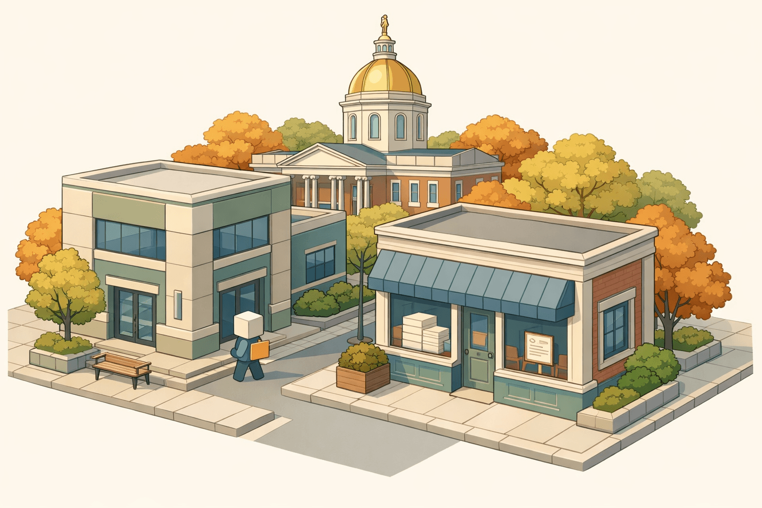 Isometric view of a New Hampshire town center with a historic dome building, a bank, and a small business storefront on a tree-lined street.