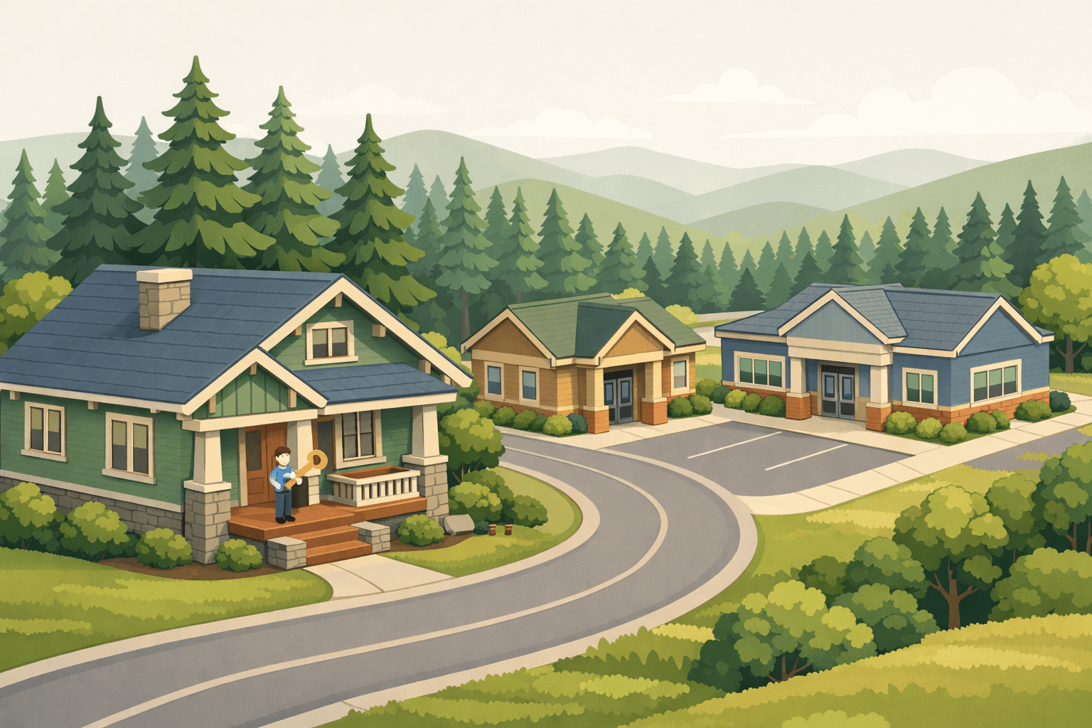Isometric view of a Pacific Northwest rural town with a craftsman home, credit union, and evergreen trees representing USDA home lending.
